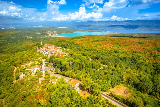 Town of Dobrinj and turquoise Soline bay aerial panoramic view, Island of Krk, Kvarner Gulf of Croatia