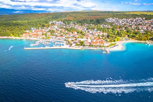 Krk island. Town of Njivice waterfront aerial view, Krk island in Croatia