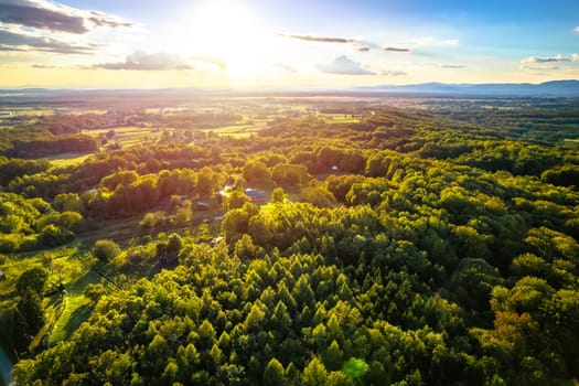 Scenic landscape of Pisarovina aerial sunset view, Jamnica Pisarovinska village, central Croatia