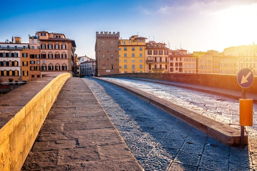 Arno river historic waterfront of Florence scenic sunset view, Tuscany region of Italy
