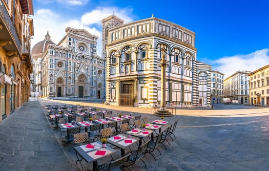 Cafe under Duomo on square in Florence, historic landmark in Tuscany region of Italy