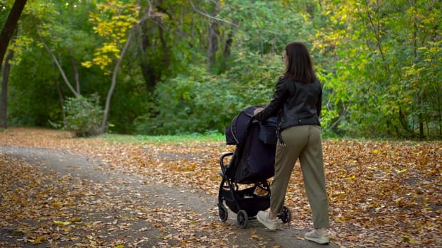 A young mother walks through the forest with a sleeping child in a stroller. A woman with glasses walks in an autumn park. 4k