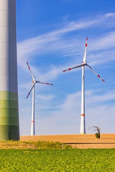 Huge wind turbines of a wind park in a dry agricultural field next to a small stunted tree as a portrait image