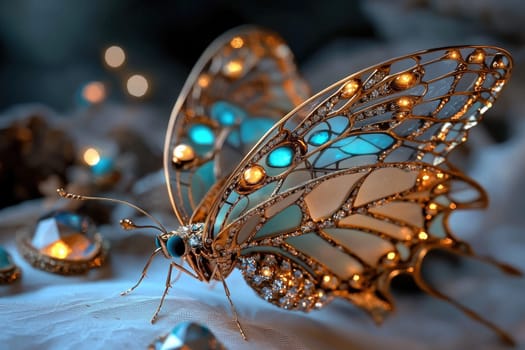 Fantasy butterfly: shimmering wings, diamond-encrusted design, golden embellishments, floral elegance, glowing accents, metallic glow, gemstone allure, ethereal beauty, intricate magical detailing