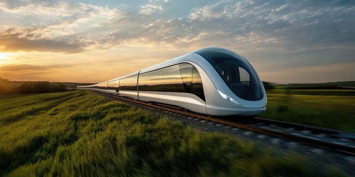 High-speed train depiction: dynamic motion, modernized appearance, cutting-edge design, rapid transport, innovative engineering, sleek travel, futuristic transit, swift movement, advanced railway