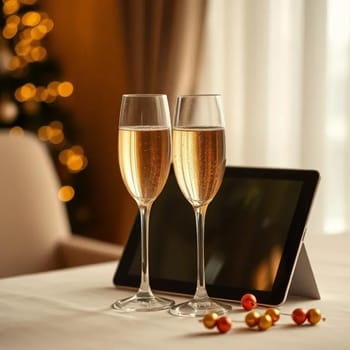 two glasses of champagne, tablet new year Christmas . High quality photo