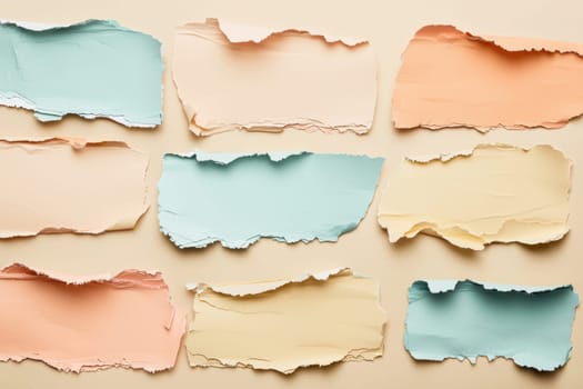 Pastel paper scraps in soft hues are arranged artistically on a beige background, creating a visually appealing flat lay. ideal for lifestyle branding, marketing materials, and social media content, offering a subtle, creative aesthetic.