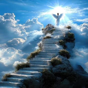 Spiritual journey: winged figure, soul passage, afterlife concept, divine departure, heavenly ascent, sacred rebirth, life transition, celestial being, divine wings, ethereal existence