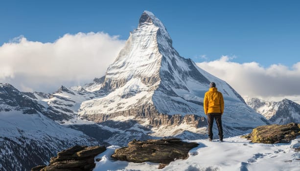 A person gazing at majestic mountain peak symbolizes business success and inspiration