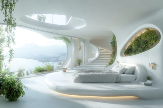 Organic futurism: symbiosis of nature and architecture in a future space with flowing lines and natural light,