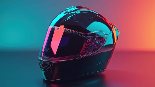 Reflective black helmet adorned with a holographic sticker, enhanced by studio lighting. the vibrant colors and sleek design create a futuristic look, perfect for showcasing design concepts or promotional materials with a modern edge.