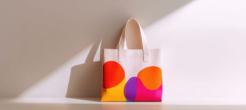 A tote bag featuring a bold and colorful logo print set against a crisp white background. the minimalist design and perfect lighting highlight the striking appeal of the branding, making it ideal for modern promotional materials.