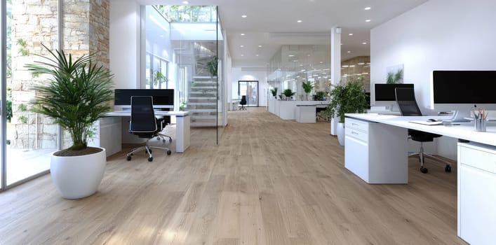 Cosy office: spacious layout, bright lighting, green accents, calming atmosphere, blank text space, modern decor, tranquil environment, natural elements, creative workspace, minimalist design