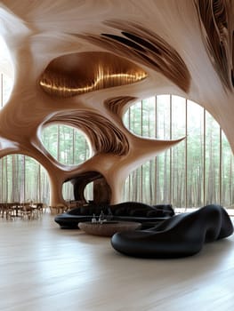 Modern interior: sustainable space, fluid structure, panoramic scenery, tranquil atmosphere, curved elements, forest inspiration, innovative decor, warm textures, artistic geometry nature integration.
