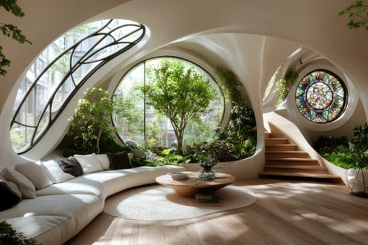 Biophilic interior: harmony of natural forms, cozy textures and innovative design in living space.