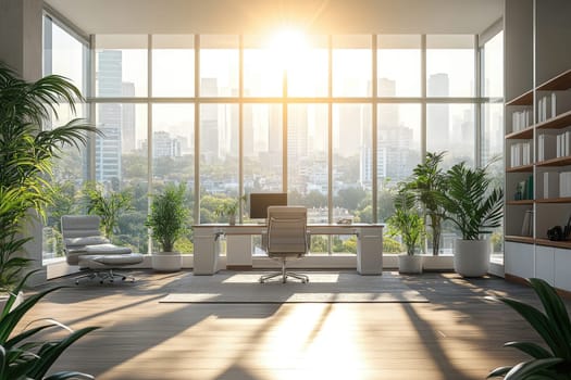 Cosy office: spacious layout, bright lighting, green accents, calming atmosphere, blank text space, modern decor, tranquil environment, natural elements, creative workspace, minimalist design