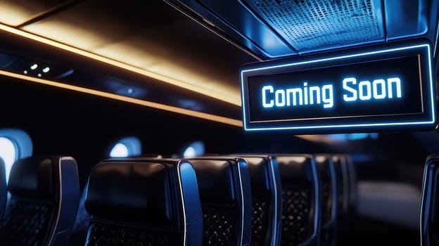 Modern airplane cabin featuring sleek design elements, illuminated seatbacks, and a digital screen displaying "coming soon." the ambient lighting highlights contemporary travel, innovation, and technological sophistication in aviation interiors.