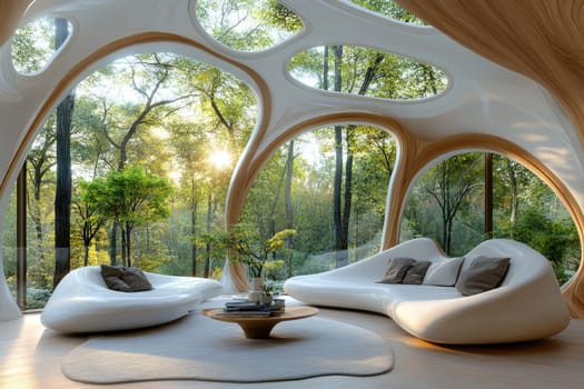 Futuristic design: organic architecture, nature harmony, modern interior, serene forms, panoramic views, unique details, eco connection, minimal shapes, natural light, luxury living, soft elegance.