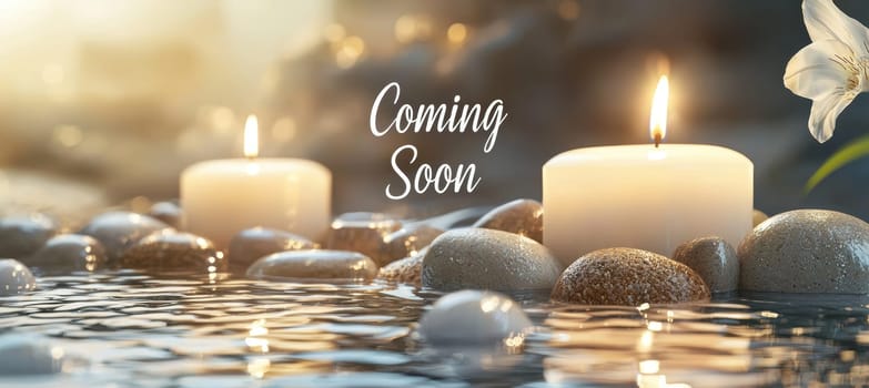 Gentle candlelight flickers amidst smooth pebbles and flowing water, creating a tranquil scene ideal for a spa or retreat banner. this soothing image evokes peace and relaxation, perfect for promoting wellness and mindfulness experiences.