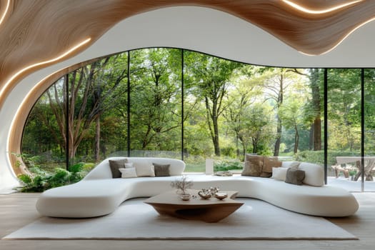 Futuristic design: organic architecture, nature harmony, modern interior, serene forms, panoramic views, unique details, eco connection, minimal shapes, natural light, luxury living, soft elegance.