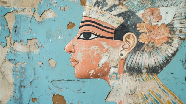 Egyptian wall painting: deity portrayal, sovereign likeness, royal symbolism, sacred fresco, ancient art, cultural depiction, divine representation, pharaoh illustration, historical mural