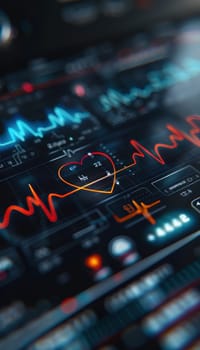Close-up view of a heart rate monitor's display showcasing vibrant graphs and numerical data, emphasizing its technological precision and feature set. ideal for health tech designs, educational materials, or medical publications.