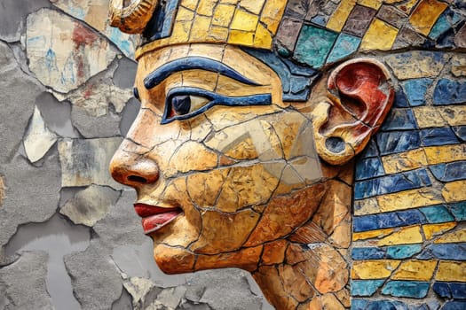 Ancient Egyptian mural: divine figure, pharaoh imagery, sacred artwork, royal icon, historical depiction, religious art, cultural heritage, hieroglyphic style, symbolic representation, regal painting