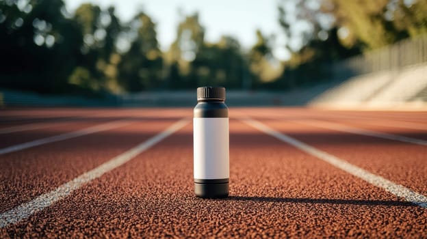Sleek water bottle with a bold, sports-themed vinyl sticker, set on an outdoor athletic track. ideal for fitness motivation, sports events, or promotional designs. it highlights durability and style, catering to active lifestyles.