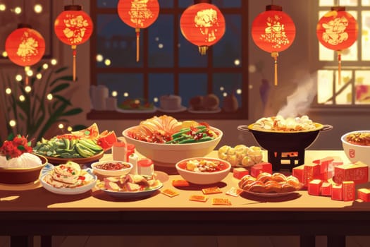 A delightful spread of traditional dishes for lunar new year, featuring steamed buns, spring rolls, skewers, and more, accented by vibrant red lanterns and red envelopes, evoking warmth and familial celebration.