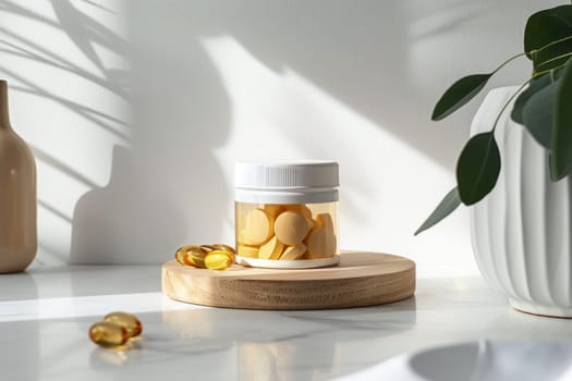 Sleek heart health supplement packaging featuring a jar of yellow pills on a wooden platform. the minimalist design combines natural light with shadows from nearby plants, evoking a sense of wellness and modern aesthetics.