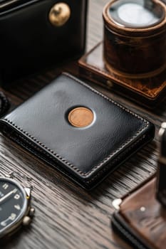 Elegant branding sticker mockup displayed on a smooth leather wallet. styled with luxury props, this setup conveys sophistication and high-end appeal, ideal for showcasing premium logos and brand designs.