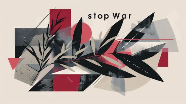 Modern abstract banner featuring geometric shapes in shades of gray and red. a single olive branch pierces through the center, emphasizing a stop war message elegantly placed at the top, combining art and social commentary.