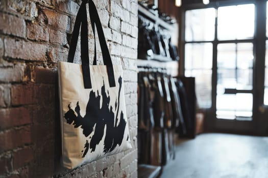 Monochrome tote bag featuring a bold typography print hangs stylishly on a brick wall hook. the industrial loft interior showcases sleek decor with abundant natural light, embodying a modern aesthetic ideal for contemporary design inspiration.