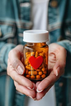 A person is holding a bottle of arrhythmia medication, emphasizing the importance of prescription adherence for heart health. the clear label and heart symbol highlight the medical focus on arrhythmia treatment and patient care.