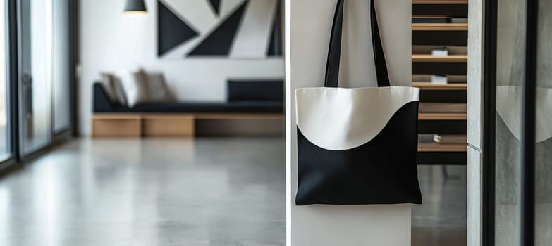 Black and white tote bag with a bold geometric design hangs in a sleek minimalist hallway. the space features modern furniture and geometric decor elements, reflecting contemporary interior design trends. perfect for stylish, modern prints.
