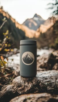 Minimalist die cut sticker featuring a monochrome mountain logo is affixed to a matte gray thermos, set against a scenic outdoor camping backdrop with rugged mountains and lush greenery.