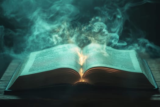 Mystical open book with sparks and smoke in a dark room with dramatic lighting.