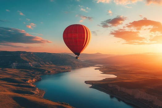 Hot air balloon with a basket for passengers in a clear sky over a valley hill and river at sunset.