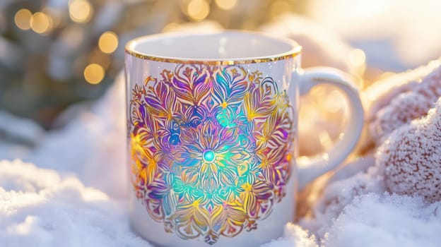 A glossy white ceramic coffee mug adorned with an intricate holographic mandala sticker. the bright natural lighting enhances the shimmer and vibrant colors, creating a visually captivating and artistic design, perfect for print, card, or poster use.