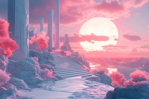 Fantasy landscape with big moon and white rocks over ocean. Pink sky reflected in water