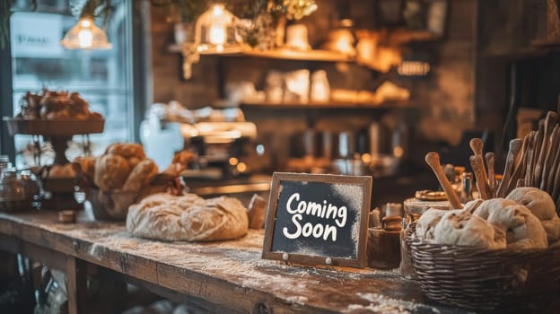 A rustic bakery setting featuring warm lighting, fresh dough, and rolling pins on a wooden countertop. "coming soon" is written in flour, creating a welcoming and artisanal atmosphere perfect for bakery promotions or design.