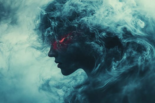 Silhouette of a woman's face in ink clouds or smoke with fiery eyes. Cyber crime concept. Mental health. Darknet.