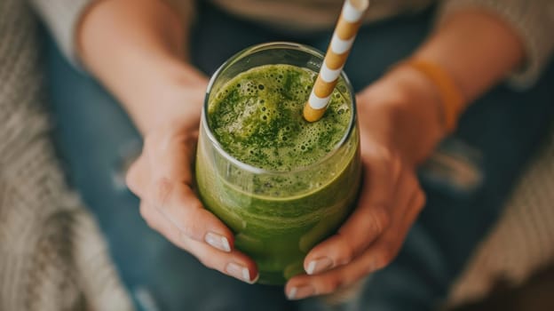 A person holds a glass of vibrant green smoothie with a striped straw, symbolizing a heart-healthy diet. the focus is on wholesome nutrition and wellness, the benefits of incorporating greens for vitality and health.