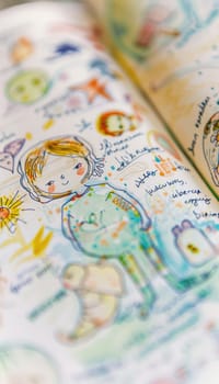 A vibrant, close-up view of a pregnancy journal filled with colorful illustrations and handwritten notes, reflecting the personal journey and experiences of an expectant mother. perfect for design, print, and maternity themes.