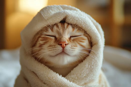 Happy cat in spa salon with towel wrapped around head