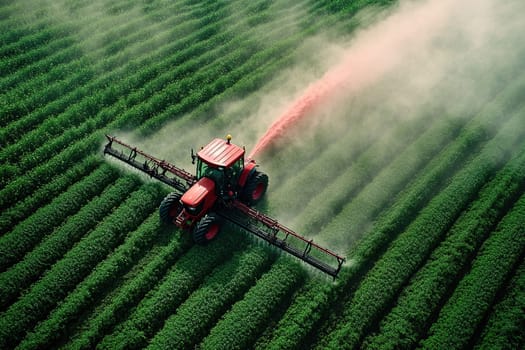 Aerial view of a tractor fertilizing a cultivated agricultural field. Crop care. Field watering.