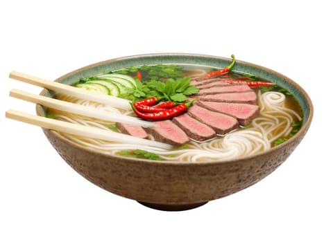 Pho Vietnam Steaming fragrant beef noodle soup with thinly sliced rare steak, fresh herbs and chilies in rustic ceramic bowl..