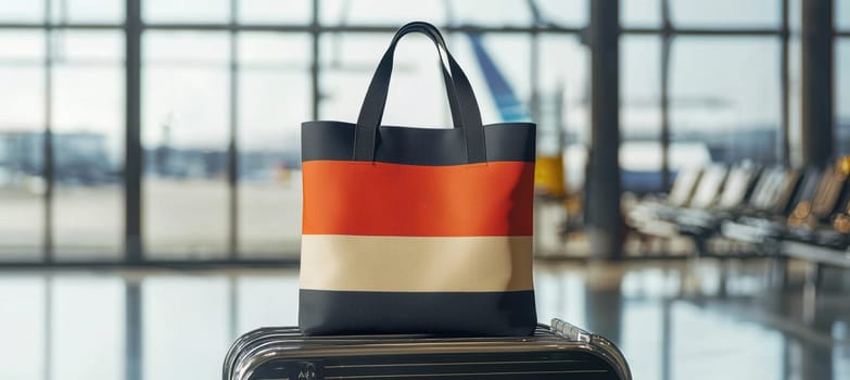 A sleek color block tote bag sits atop a luggage cart in an airport terminal, blending style with travel excitement. the modern design dynamic atmosphere of global travel, fashion and functionality.