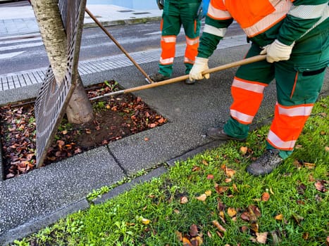 Maintenance workers cleaning urban park area in autumn setting.