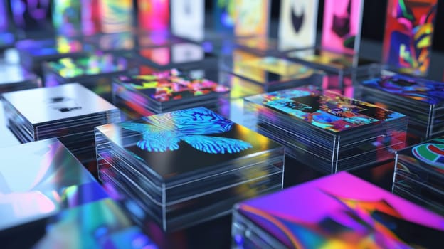 Various colorful sticker designs displayed on a clear acrylic surface, showcasing vivid reflections and a modern aesthetic. perfect for branding, promotional materials, art showcases, or interior decoration with a playful touch.